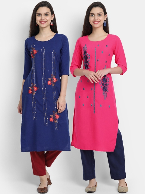 

7Threads Women Pack Of 2Navy Blue & Pink Floral Embroidered Kurta, Navy blue