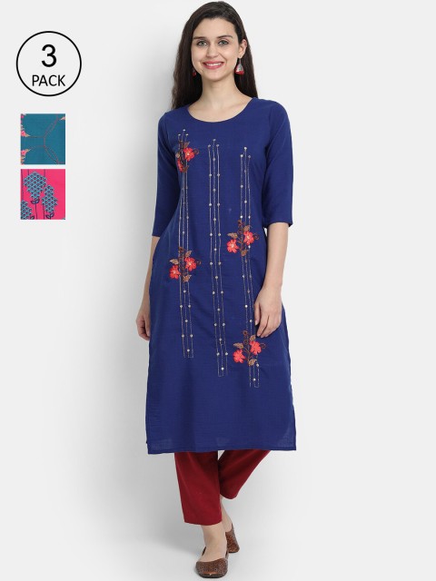 

7Threads Women Pack Of 3 Multicoloured Floral Embroidered Thread Work Kurta, Multi