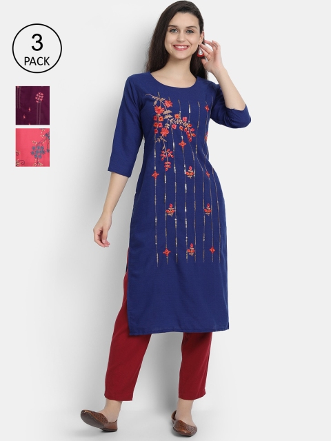 

7Threads Women Pack Of 3 Navy Blue & Maroon Floral Embroidered Kurtas