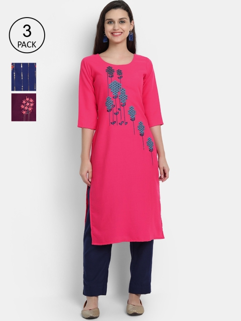 

7Threads Women Pack Of 3 Embroidered Straight Kurta, Pink