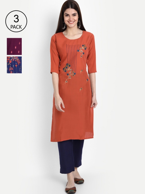 

7Threads Women Pack Of 3 Floral Embroidered Kurtas, Orange