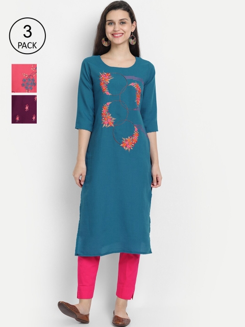

7Threads Women Pack of 3 Multi Embroidered Straight Kurta