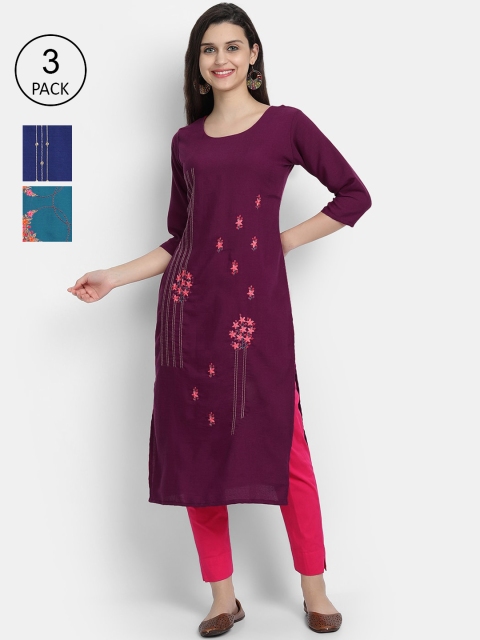 

7Threads Women Pack Of 3 Burgundy & Blue Floral Embroidered Thread Work Kurta