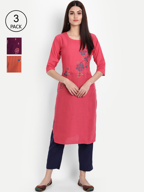 

7Threads Women Pack of 3 Pink & Burgundy Ethnic Motifs Embroidered Thread Work Kurta