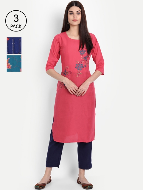 

7Threads Women Pack Of 3 Navy Blue & Pink Ethnic Motifs Embroidered Kurta