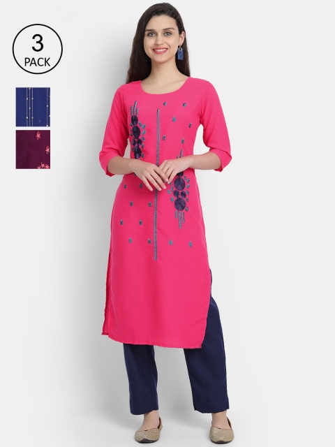 

7Threads Women Pack Of 3 Floral Embroidered Cotton Kurta, Pink