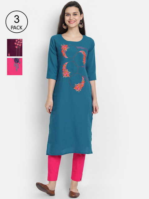

7Threads Women Blue & Burgundy Set Of 3 Floral Embroidered Flared Sleeves Kurta, Multi