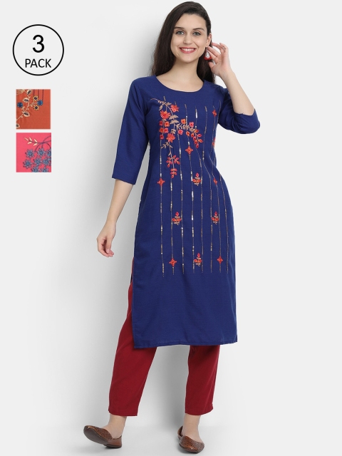 

7Threads Women Pack Of 3 Embroidered Thread Work Kurta, Blue