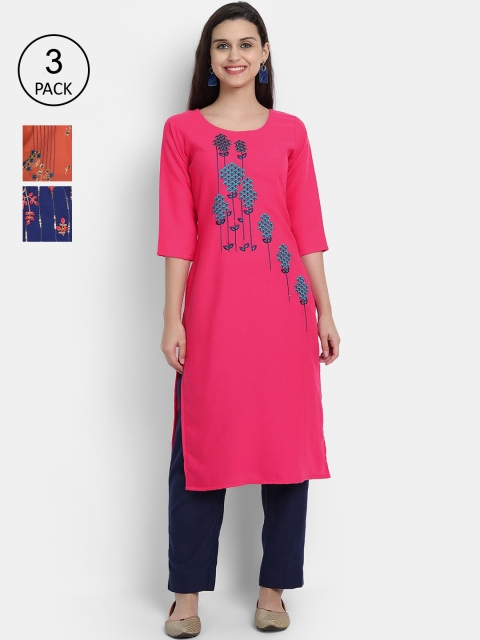 

7Threads Women Pack of 3 Multi Embroidered Straight Kurta