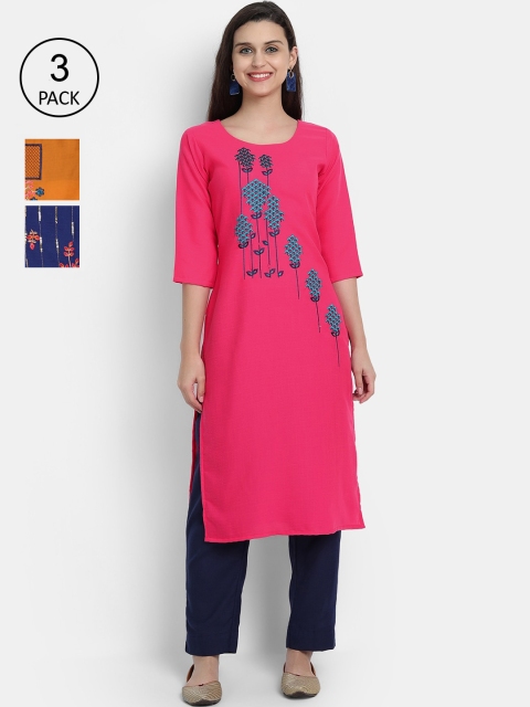 

7Threads Women Pack Of 3 Multicoloured Floral Embroidered Thread Work Kurta, Multi