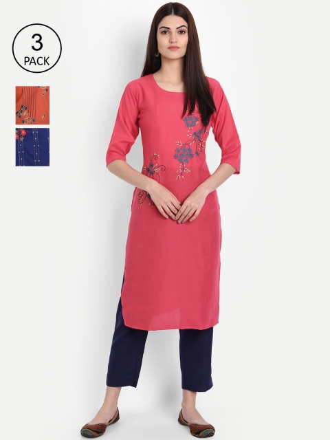 

7Threads Women Pack Of 3 Floral Embroidered Thread Work Kurta, Pink