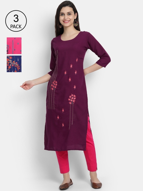 

7Threads Women Burgundy & Pink Set Of 3 Ethnic Motifs Embroidered Flared Sleeves Kurta, Multi