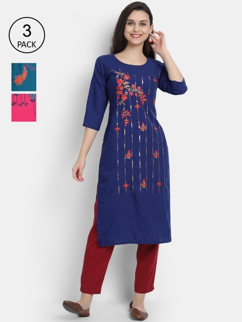 

7Threads Women Multicoloured Pack of 3 Cotton Embroidered Straight Kurta, Multi