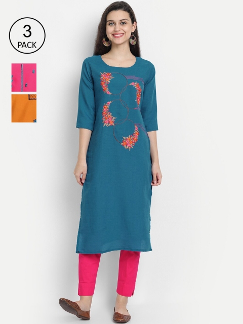 

7Threads Women Pack Of 3 Multicoloured Embroidered Thread Work Kurta, Multi