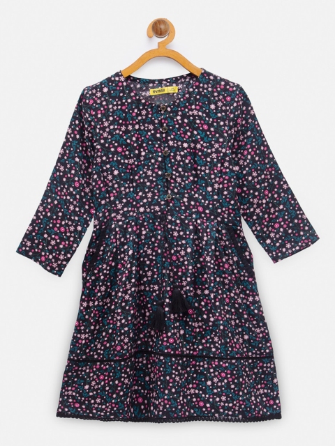 

NYNSH Black & Pink Floral Pure Cotton A-Line Dress