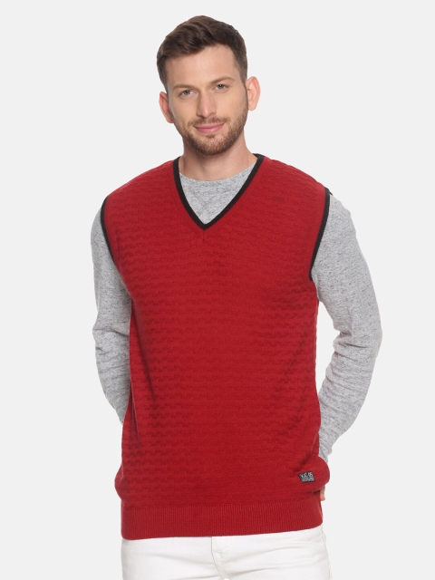 

VENITIAN Men Red & Black Cable Knit Sweater Vest