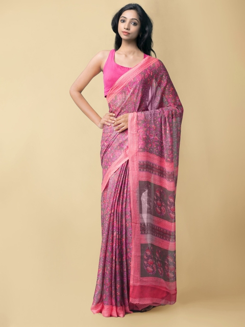 

Unnati Silks Grey & Pink Floral Block Print Saree