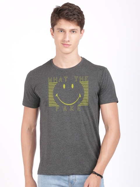 

MASH UNLIMITED Men Charcoal & Yellow Typography Printed Slim Fit T-shirt