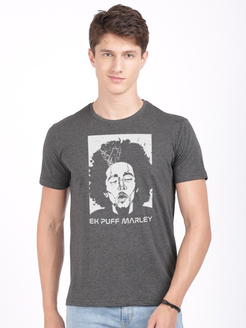 

MASH UNLIMITED Men Charcoal Typography Printed Slim Fit T-shirt