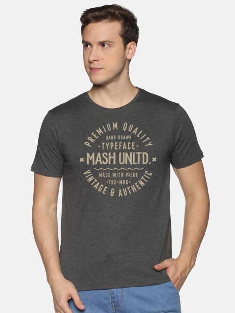 

MASH UNLIMITED Men Charcoal Typography Printed Raw Edge Slim Fit T-shirt