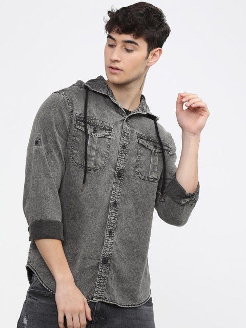 

HIGHLANDER Men Black Slim Fit Faded Opaque Faded Casual Shirt