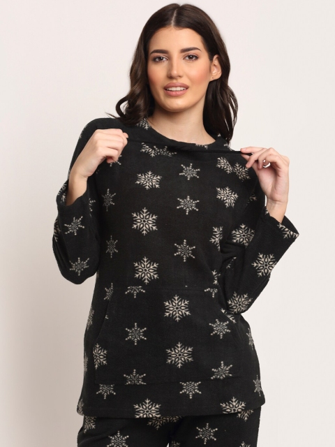 

Kanvin Women Black Polar Fleece Snow Flakes Printed Pullover Sweatshirt