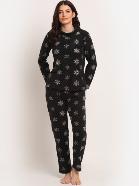 

Kanvin Women Black Polar Fleece Snow Flakes Printed Night suit