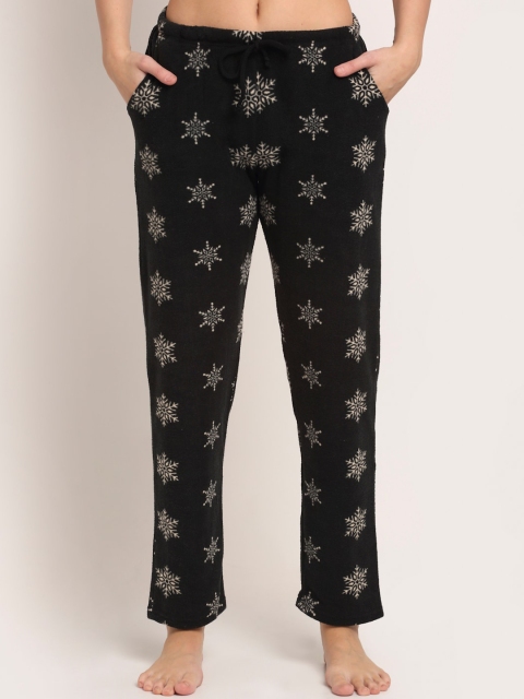 

Kanvin Women Black & Beige Polar Fleece Snow Flakes Printed Lounge Pants