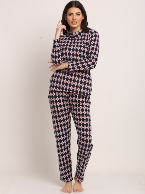 

Kanvin Women Navy Blue & Pink Polar Fleece Printed Night suit