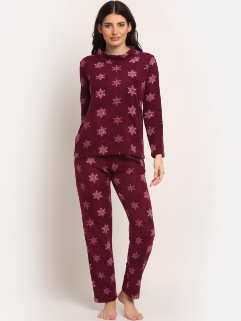 

Kanvin Women Burgundy & White Polar Fleece Snow Flakes Print Night suit