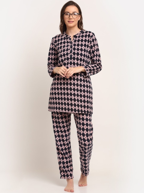 

Kanvin Women Black & Pink Polar Fleece Printed Night suit