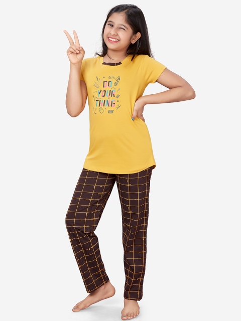 

Charak Girls Yellow & Brown Printed Night suit