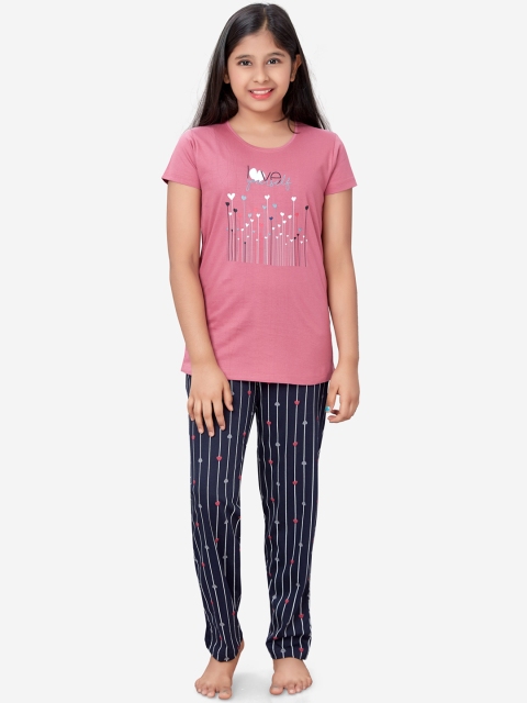 

Charak Girls Pink & Navy Blue Printed Pure Cotton Night suit