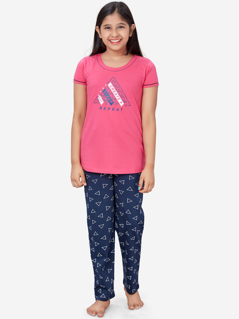 

Charak Girls Pink & Blue Pure Cotton Printed Night suit