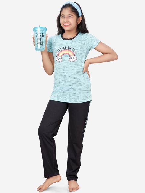 

Charak Girls Blue & Black Printed Pure Cotton Night suit