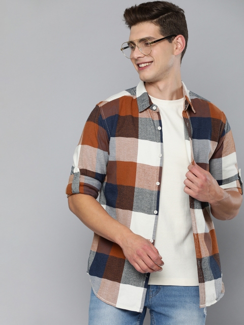 

HERE&NOW Men Brown & White Checked Slim Fit Pure Cotton Casual Shirt