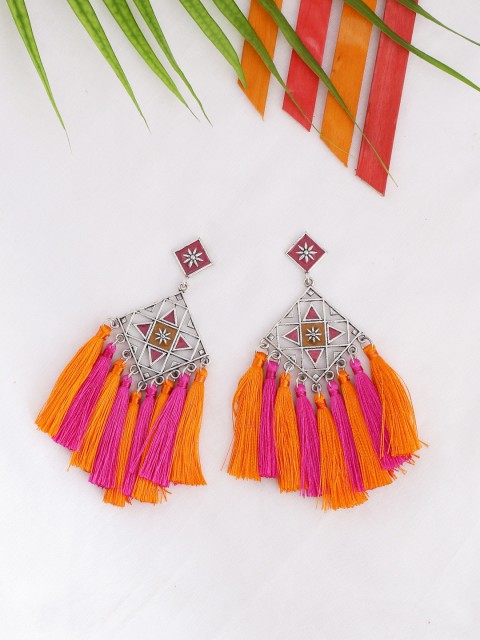 

Studio Voylla Silver-Toned & Orange Tassels Drop Earrings