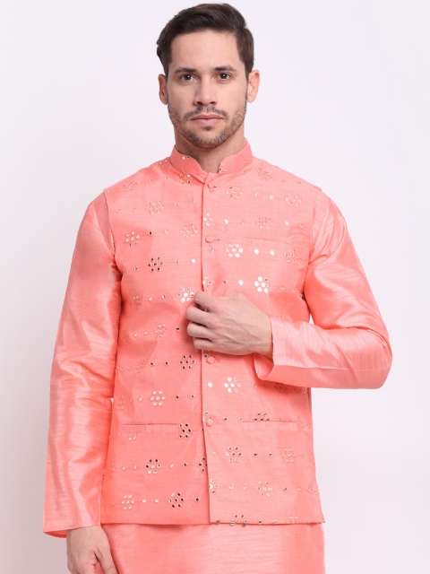 

KRAFT INDIA Men Pink Silk Mirror Work Nehru Jacket