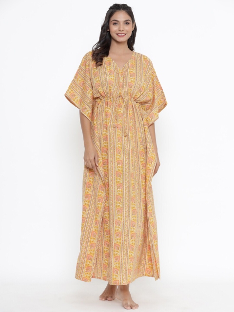 

JISORA Beige Printed Maxi Pure Cotton Kaftan Nightdress