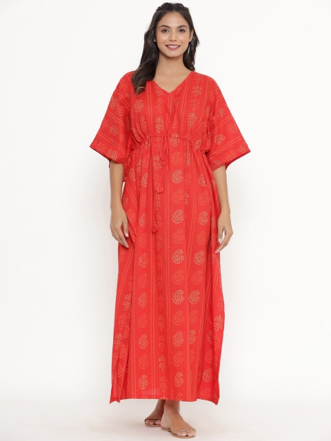 

JISORA Pink Printed Pure Cotton Kaftan Nightdress