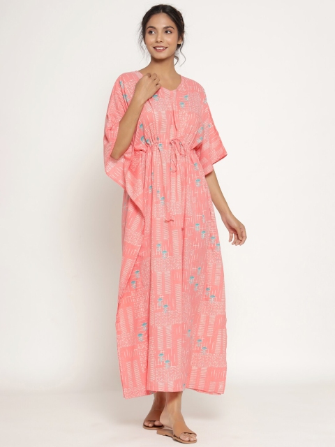 

JISORA Pink Printed Maxi Kaftan Pure Cotton Nightdress