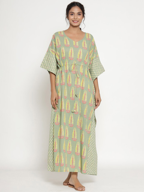 

JISORA Green & Pink Printed Cotton Maxi Kaftan Nightdress