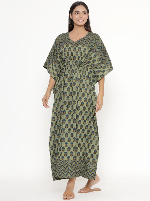 

JISORA Women Green Printed Cotton Kaftan