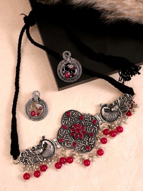

Crunchy Fashion Silver & Red Oxidized Stone Studded & Beaded Jewelry Set