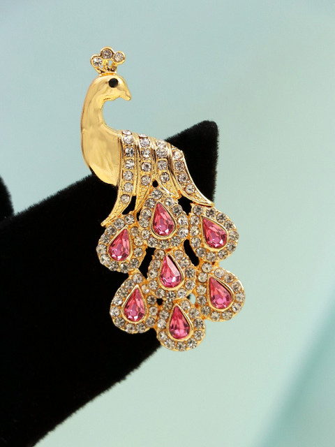 

Crunchy Fashion Gold-Plated White & Pink Stone-Studded Brooch