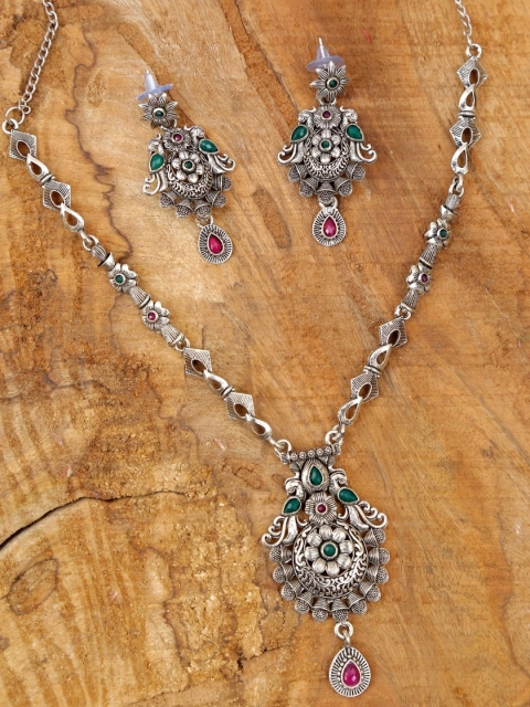 

Crunchy Fashion Silver Toned Green Stone Studded Oxidised German Silver Jewellery Set