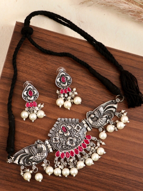 

Crunchy Fashion Oxidised Gold-Plated White & Pink Stone Studded & Pearls Beaded Jewellery Set, Silver