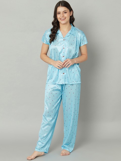 

TRUNDZ Women Blue & Red Printed Satin Night Suit