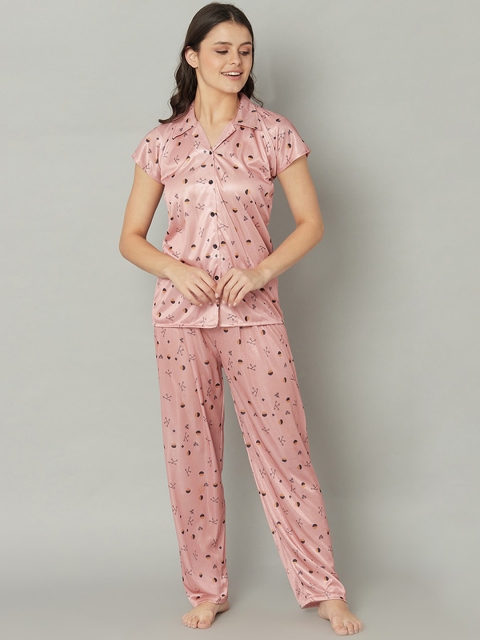 

TRUNDZ Women Peach-Coloured & Black Printed Satin Night Suit