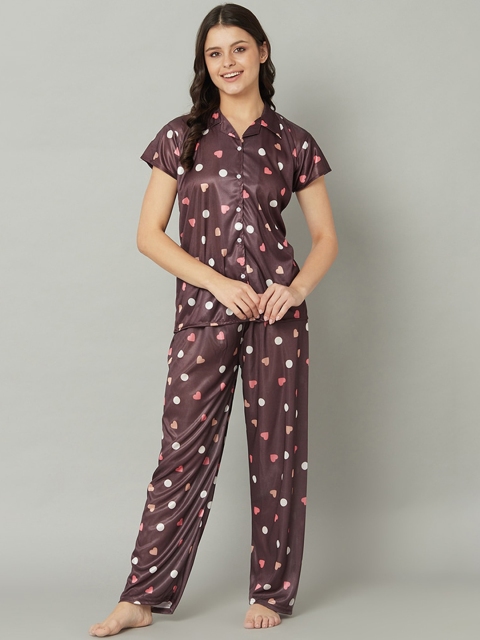 

TRUNDZ Women Brown & White Graphic Printed Satin Night Suit